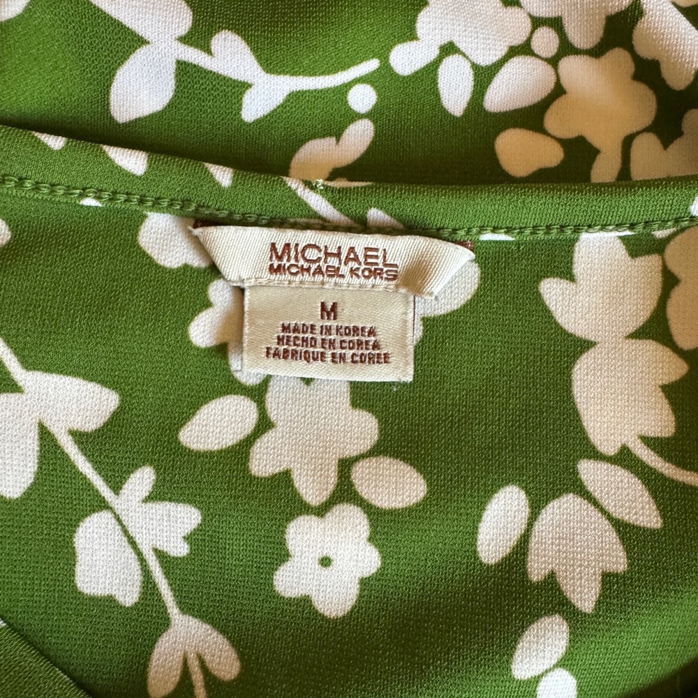 Michael Kors Top Sleeveless Kelly Green White Floral Side pull Scrunch Fitted M - Picture 6 of 11